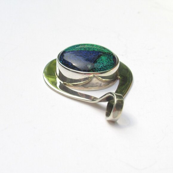 Dichroic Glass Sterling Silver Teardrop Pendant Blue & Green Handmade In Mexico - Picture 11 of 13